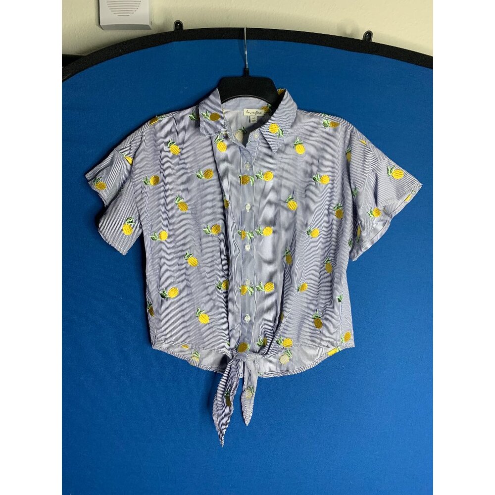 Love Fire blue/white stripe lemon short sleeve blouse - Size S